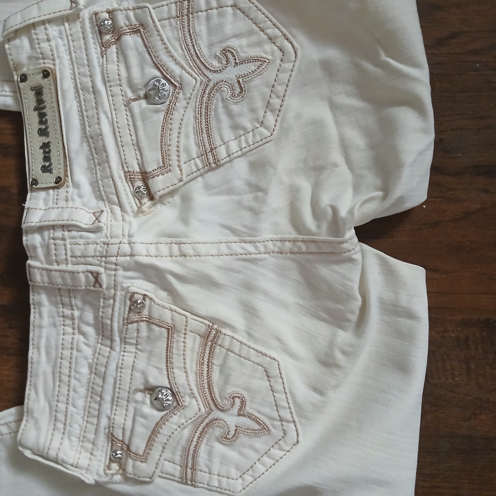 Rock Revival Cream Denim Shorts with Tan Stitching